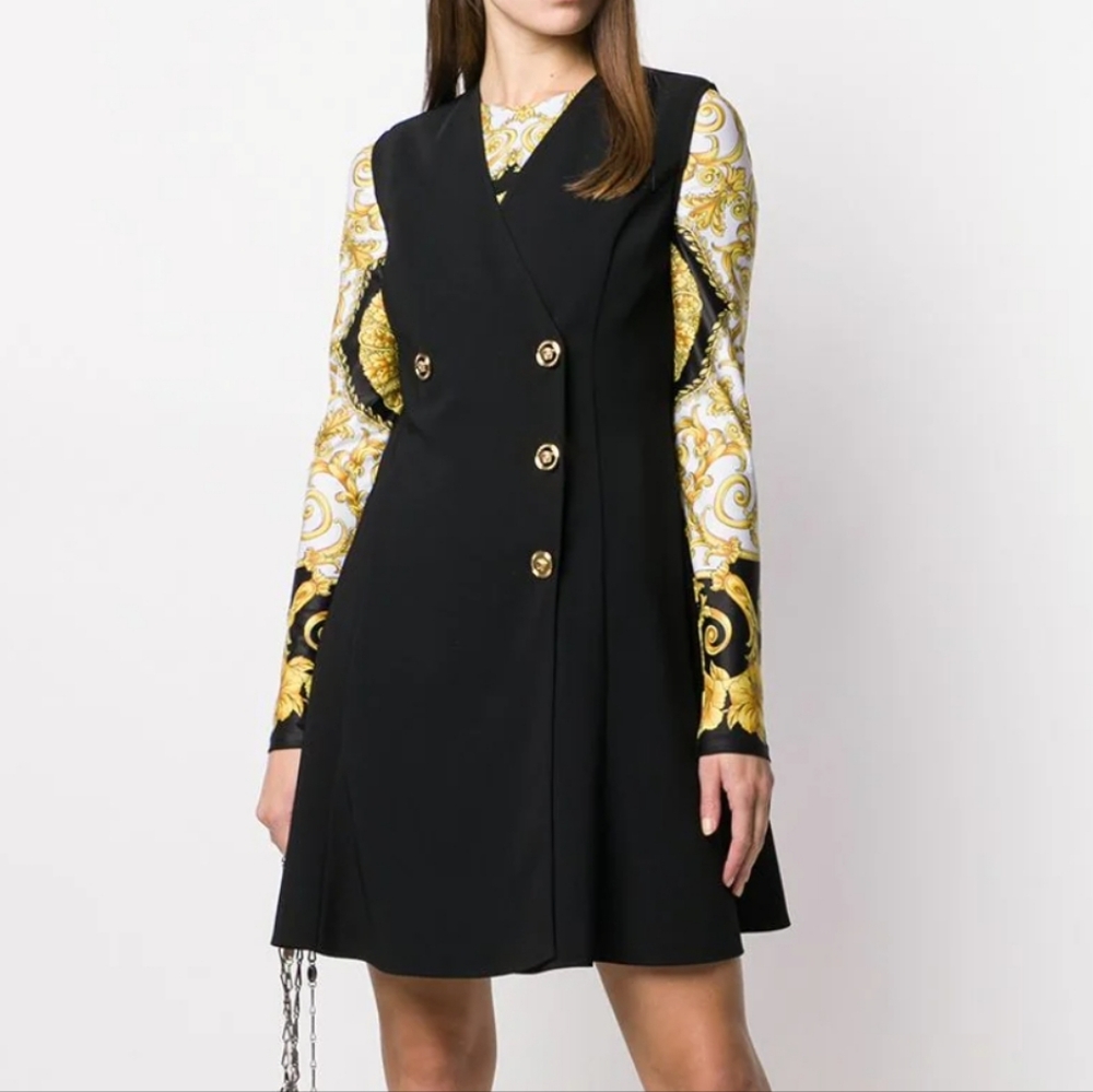 VERSACE 2019 Black Barocco Dress with Gold Medusa Buttons